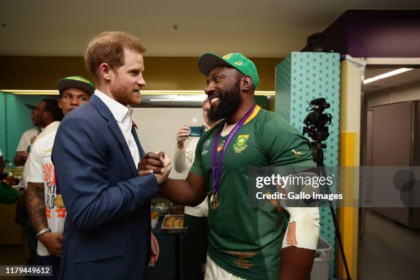 Tendai Mtawarira of South Africa and Prince Harry of England after the Rugby World Cup 2019 Final match between England and South Africa at...