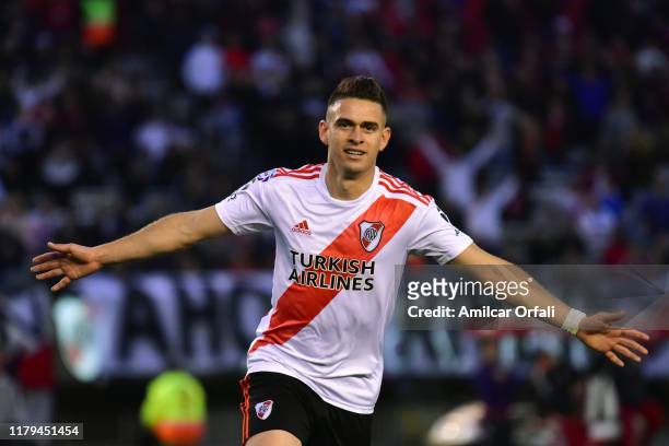 Rafael Santos Borre of River Plate celebrates after scoring the second goal of his team during a match between River Plate and Patronato as part of...
