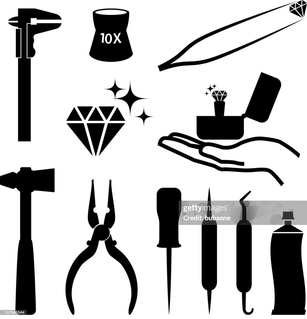 Jeweler tools black and white royalty free vector icon set