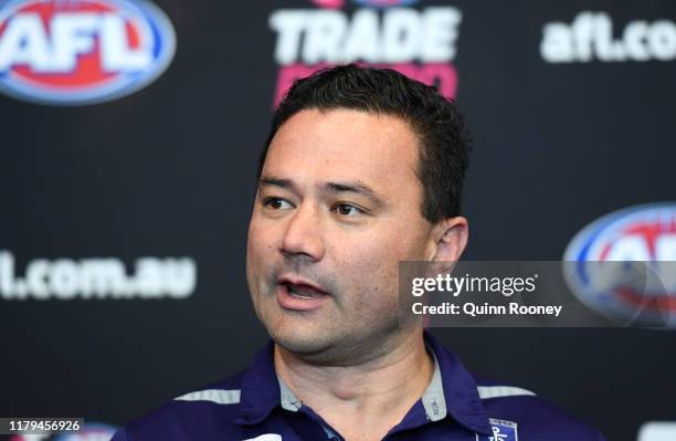 Peter Bell the general manager of football at the Dockers speaks to the media during the AFL Trade Period at Marvel Stadium on October 07, 2019 in...