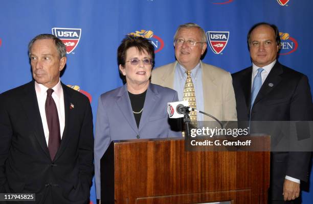 New York Mayor Michael Bloomberg , Billie Jean King, Franklin Johnson, CEO and President of the United States Tennis Association and Arlen Kantarian,...