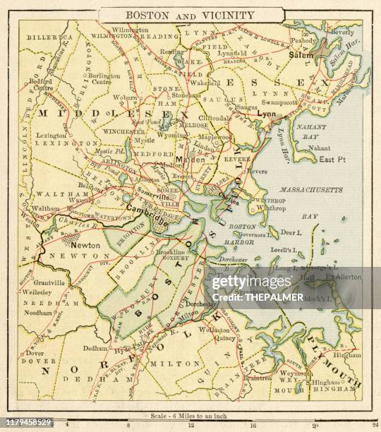 illustrazioni stock, clip art, cartoni animati e icone di tendenza di boston e la mappa delle vicinanze 1881 - boston massachusetts