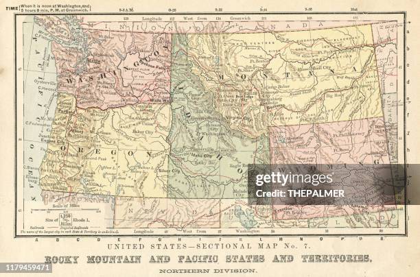ilustraciones, imágenes clip art, dibujos animados e iconos de stock de montañas rocosas y pacífico estados mapa 1881 - idaho