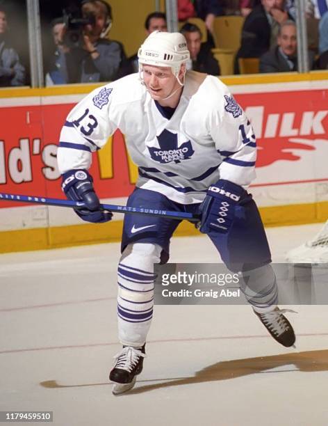 Mats Sundin of the Toronto Maple Leafs skates against the Tampa Bay Lightning during NHL game action on February 21, 1996 at Maple Leaf Gardens in...