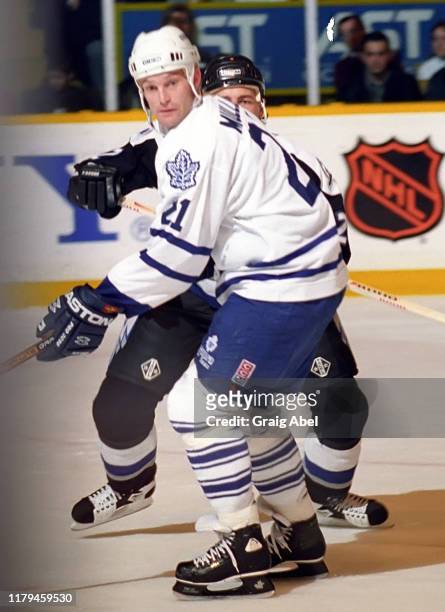 Kirk Muller of the Toronto Maple Leafs skates against the Tampa Bay Lightning during NHL game action on February 21, 1996 at Maple Leaf Gardens in...
