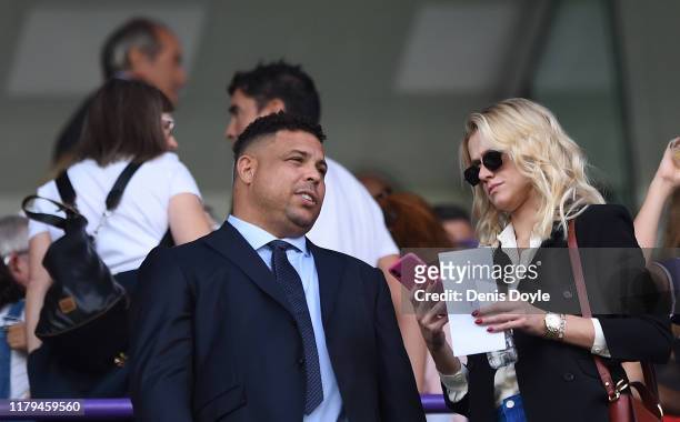 Ronaldo, President of Real Valladolid is accompanied by his girlfriend Celina Locks during the Liga match between Real Valladolid CF and Club...
