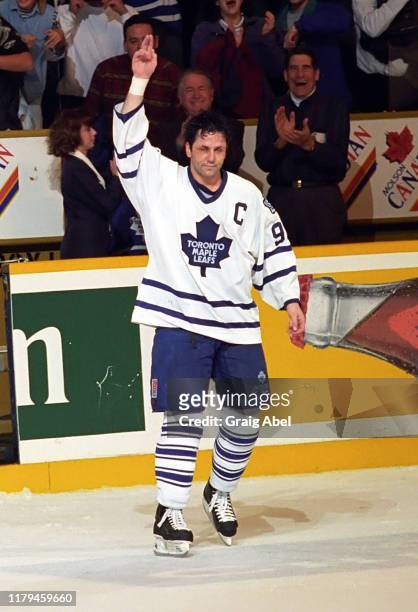 Doug Gilmour of the Toronto Maple Leafs skates against the Edmonton Oilers during NHL game action on December 23, 1995 at Maple Leaf Gardens in...