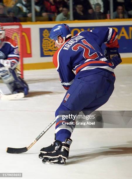Igor Kravchuk of the Edmonton Oilers skates against the Toronto Maple Leafs during NHL game action on December 23, 1995 at Maple Leaf Gardens in...