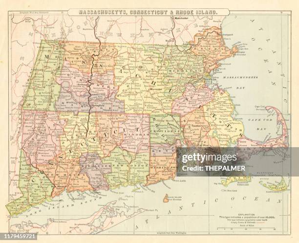 map massachusetts, connecticut, rhode island 1881 - connecticut stock illustrations