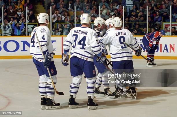 Dave Ellett, Jamie Macoun, Darby Hendrickson, Randy Wood and Mike Craig of the Toronto Maple Leafs celebrate against Jason Bonsignore and the...