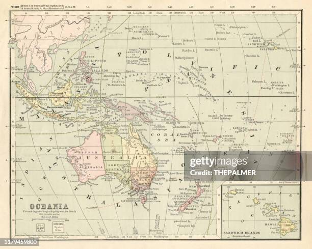 map of oceania 1881 - pacific ocean stock illustrations