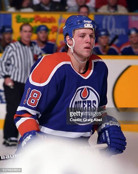 Kirk Maltby of the Edmonton Oilers skates against the Toronto Maple Leafs during NHL game action on December 23, 1995 at Maple Leaf Gardens in...
