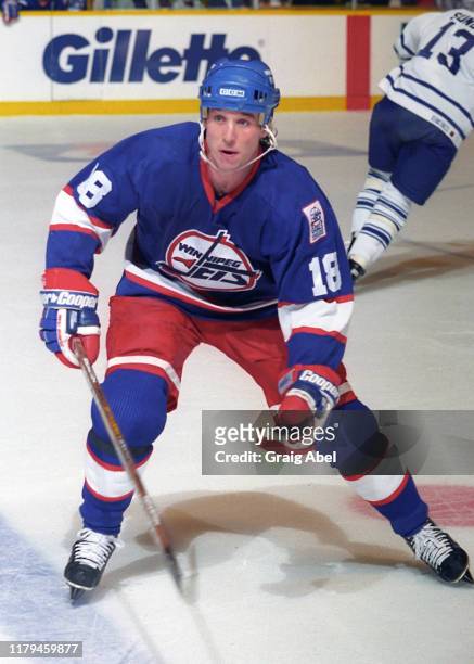 Chad Kilger of the Winnipeg Jets skates against the Toronto Maple Leafs during NHL game action on November 18, 1995 at Maple Leaf Gardens in Toronto,...