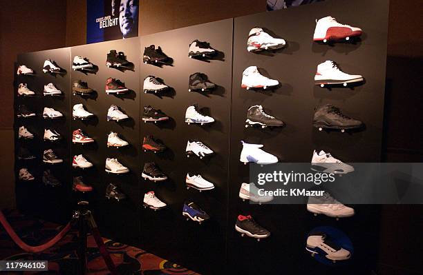 Display of Nike Basketball Air Jordan sneakers during Air Jordan XVII Launch Party at NBA All-Star Weekend at Rococo's in Philadelphia, Pennsylvania,...
