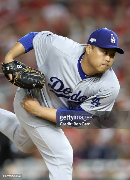 Pitcher Hyun-Jin Ryu of the Los Angeles Dodgers delivers in the first inning of Game 3 of the NLDS against the Washington Nationals at Nationals Park...