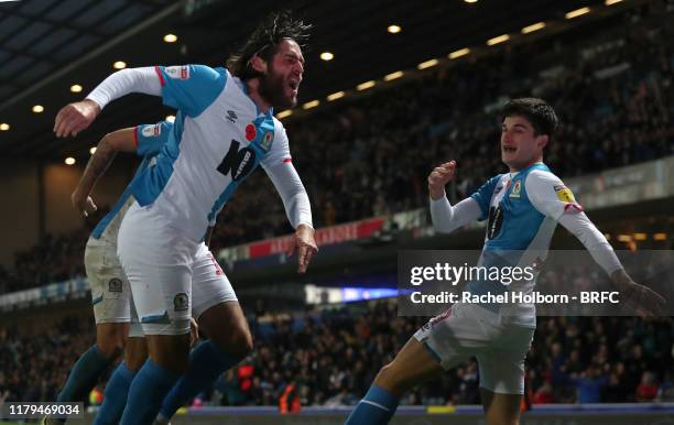 John Buckley of Blackburn Rovers' scores his sides second goal and celebrates with his fellow team mate Danny Graham during the Sky Bet Championship...