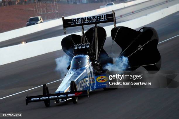 Leah Pritchett Don Schumacher Racing NHRA Top Fuel Dragster deploys her parachutes during the 19th annual Dodge NHRA Nationals Presented By Pennzoil...