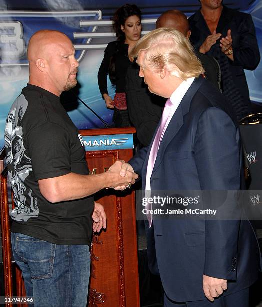 Stone Cold Steve Austin and Donald Trump during Donald Trump and WWE News Conference for WrestleMania 23 - March 28, 2007 at Trump Tower in New York...