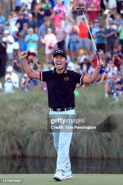 Kevin Na celebrates after winning the Shriners Hospitals for Children Open on the second playoff hole during the final round at TPC Summerlin on...