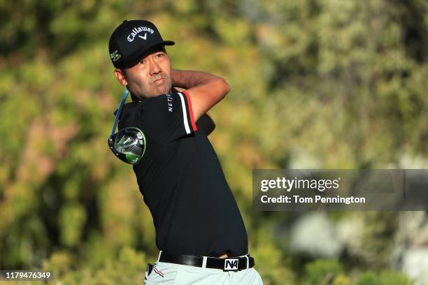 Kevin Na hits off the 16th tee during the final round of the Shriners Hospitals for Children Open at TPC Summerlin on October 6, 2019 in Las Vegas,...