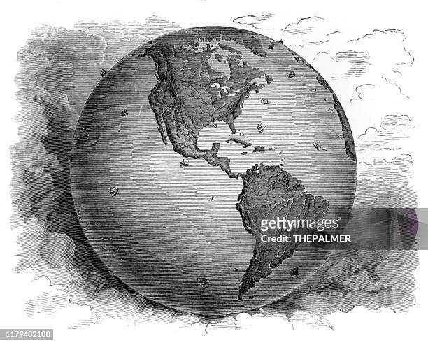 illustrazioni stock, clip art, cartoni animati e icone di tendenza di mappa emisfero occidentale1881 - globo terrestre