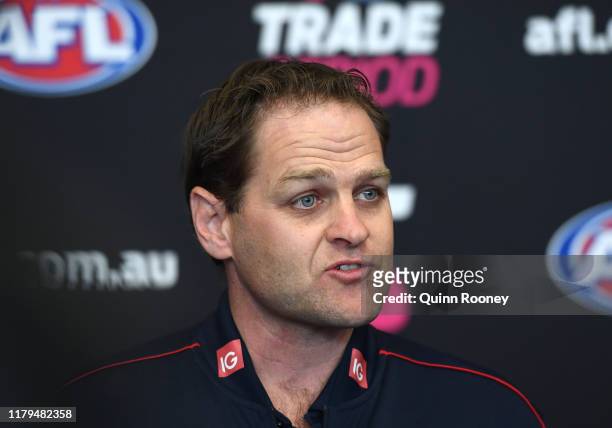 Josh Mahoney head of Football Operations at the Demons speaks to the media during the AFL Trade Period at Marvel Stadium on October 07, 2019 in...