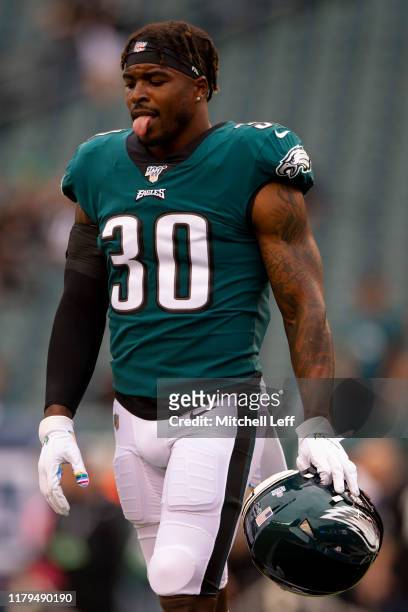 Corey Clement of the Philadelphia Eagles looks on prior to the game against the New York Jets at Lincoln Financial Field on October 6, 2019 in...