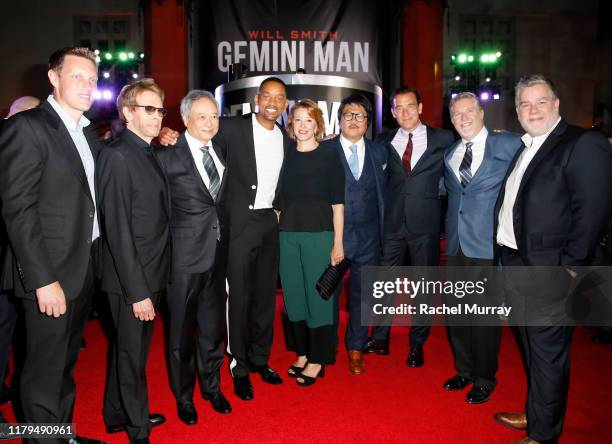 Producer David Ellison, producer Jerry Bruckheimer, director Ang Lee, Will Smith, Linda Emond, Benedict Wong, Clive Owen, Bill Westenhofer and Guy...