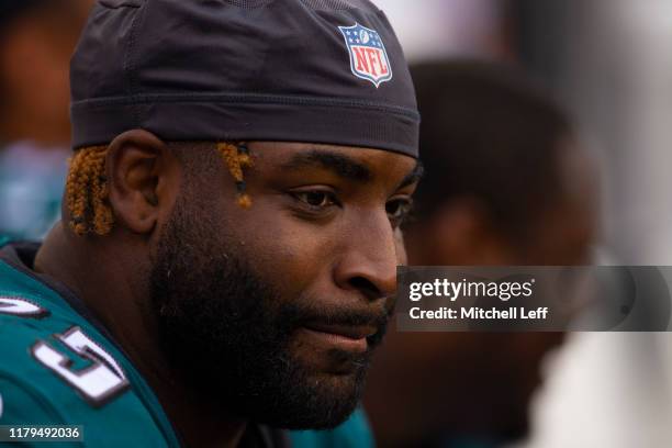 Vinny Curry of the Philadelphia Eagles looks on against the New York Jets at Lincoln Financial Field on October 6, 2019 in Philadelphia, Pennsylvania.