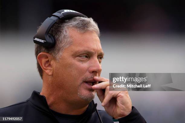 Defensive coordinator Jim Schwartz of the Philadelphia Eagles looks on against the New York Jets in the third quarter at Lincoln Financial Field on...