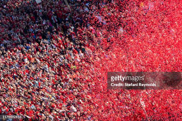 Confetti covers the crowd gathered for the Washington Nationals parade celebrating their World Series victory over the Houston Astros on November 2,...