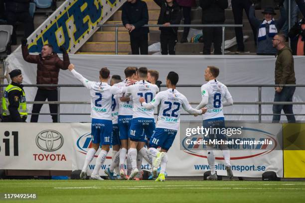 Players from IFK Norrkoping celebrate scoring the opening 1-0 goal during an Allsvenskan match between IFK Norrkoping and Djurgardens IF at Nya...