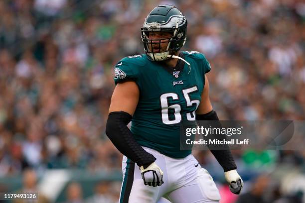 Lane Johnson of the Philadelphia Eagles looks on against the New York Jets at Lincoln Financial Field on October 6, 2019 in Philadelphia,...