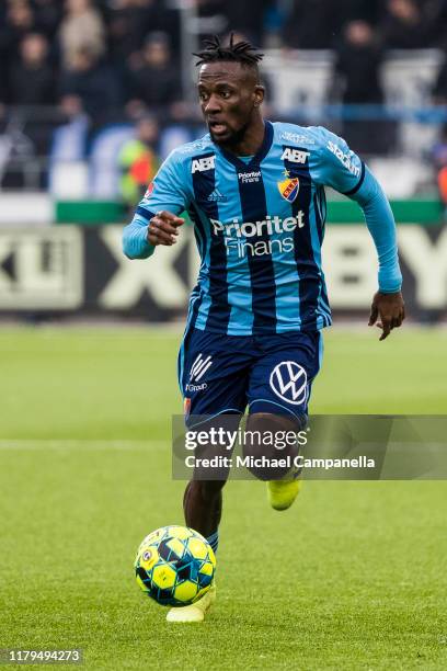 Buya Turay of Djurgardens IF controls the ball during an Allsvenskan match between IFK Norrkoping and Djurgardens IF at Nya Parken on November 2,...