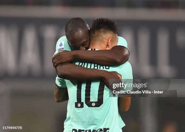 Romelu Lukaku and Lautaro Martínez of FC Internazionale celebrate during the Serie A match between Bologna FC and FC Internazionale at Stadio Renato...
