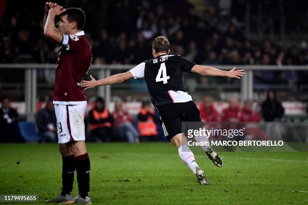 Juventus' defender Matthijs de Ligt from Netherland celebrates after scoring a goal during the Italian Serie A football match Torino vs Juventus on...