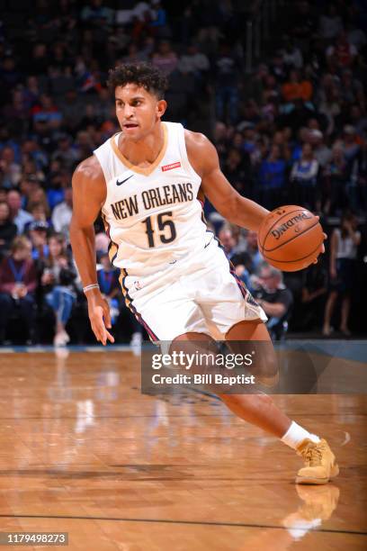 Frank Jackson of the New Orleans Pelicans handles the ball against the Oklahoma City Thunder on November 2, 2019 at Chesapeake Energy Arena in...