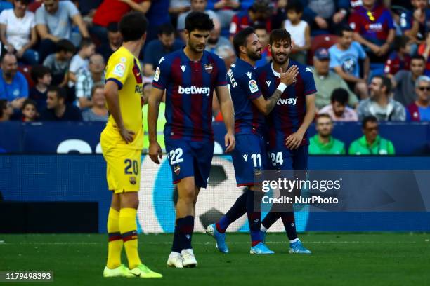 Jose Gomez Campana of Levante UD celebrate after scoring the 2-1 goal with his teammate during spanish La Liga match between Levante UD vs FC...