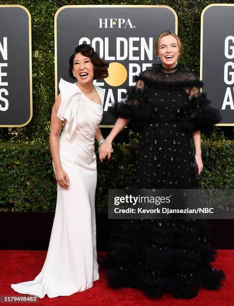 76th ANNUAL GOLDEN GLOBE AWARDS -- Pictured: Sandra Oh and Jodie Comer arrive to the 76th Annual Golden Globe Awards held at the Beverly Hilton Hotel...