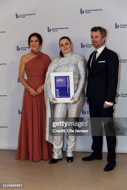 Crown Princess Mary of Denmark and Crown Prince Frederik pose together with pop singer Jada on November 2, 2019 in Odense, Denmark. Jada won the...