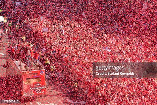 Confetti covers the crowd gathered for the Washington Nationals parade celebrating their World Series victory over the Houston Astros on November 2,...