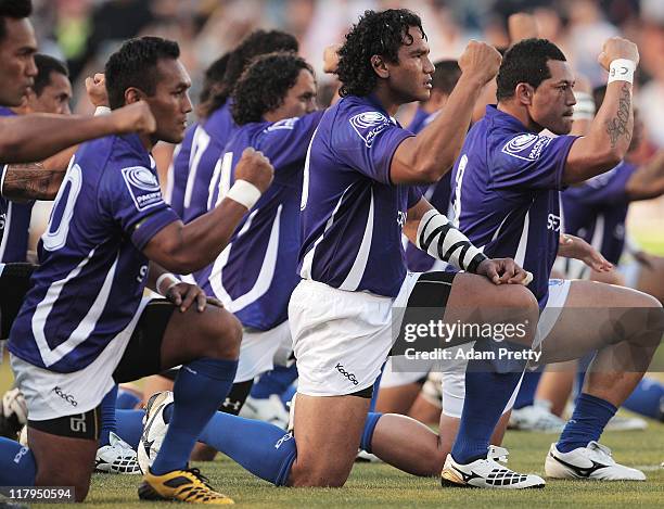 Samoa performs their Haka before the IRB Pacific Nations Cup match between Japan and Samoa at Prince Chichibu Memorial Stadium on July 2, 2011 in...