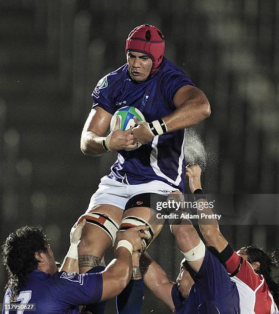 Daniel Leo of Samoa in action during the IRB Pacific Nations Cup match between Japan and Samoa at Prince Chichibu Memorial Stadium on July 2, 2011 in...