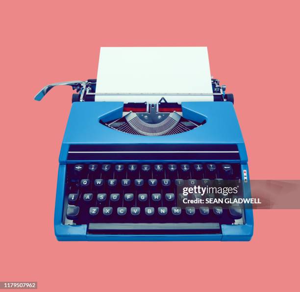 classic blue typewriter - typewriter alphabet stock pictures, royalty-free photos & images