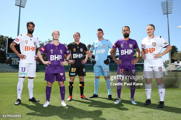 Osama Malik, Shannon May, Neil Kilkenny, Liam Reddy, Diego Castro and Natasha Rigby pose following a Perth Glory A-League press conference at HBF...