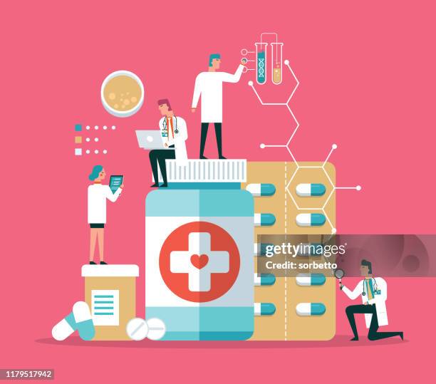 ilustraciones, imágenes clip art, dibujos animados e iconos de stock de diagnóstico de laboratorio de investigación médica - farmaceutico