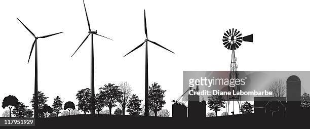 windturbinen auf wiesen mit bäumen und gebäude schwarze silhouette - windkraftanlage stock-grafiken, -clipart, -cartoons und -symbole