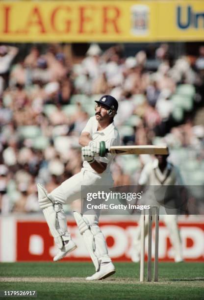 England batsman Graham Gooch pulls a short ball during the 4th Test match against India at the Oval on August 30, 1979 in London, United Kingdom.