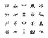 Insect flat glyph icons set. Butterfly, bug, dung beetle, grasshopper, cockroach, scarab, bee, caterpillar vector illustrations. Black signs for insects pest. Silhouette pictogram pixel perfect 64x64