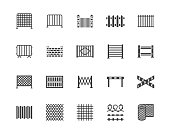 Fence flat glyph icons set. Wood fencing, metal profiled sheet, wire mesh, crowd control barricades vector illustrations. Black signs for protection store. Silhouette pictogram pixel perfect 64x64
